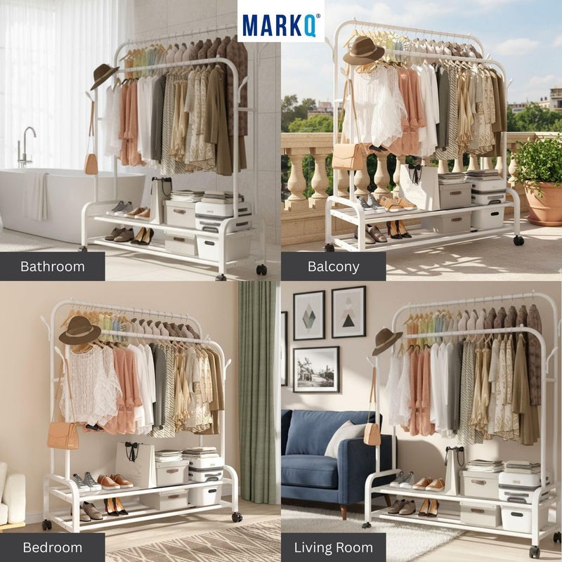 MARKQ Heavy-Duty Garment Rack with Wheels – Double Rod Clothes Hanging Stand, Free-Standing Closet Organizer with Storage Shelf, Portable Clothing Rack for Bedroom & Laundry, White - Image 3