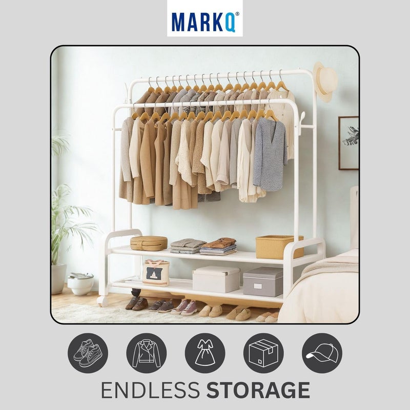 MARKQ Heavy-Duty Garment Rack with Wheels – Double Rod Clothes Hanging Stand, Free-Standing Closet Organizer with Storage Shelf, Portable Clothing Rack for Bedroom & Laundry, White - Image 2
