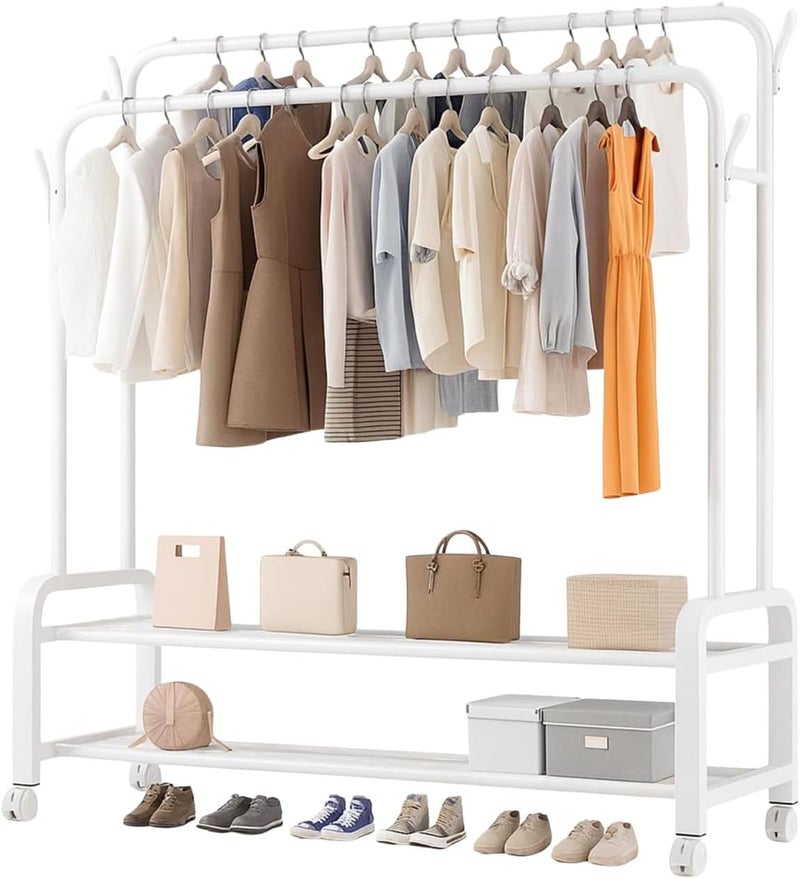 MARKQ Heavy-Duty Garment Rack with Wheels – Double Rod Clothes Hanging Stand, Free-Standing Closet Organizer with Storage Shelf, Portable Clothing Rack for Bedroom & Laundry, White - Image 1
