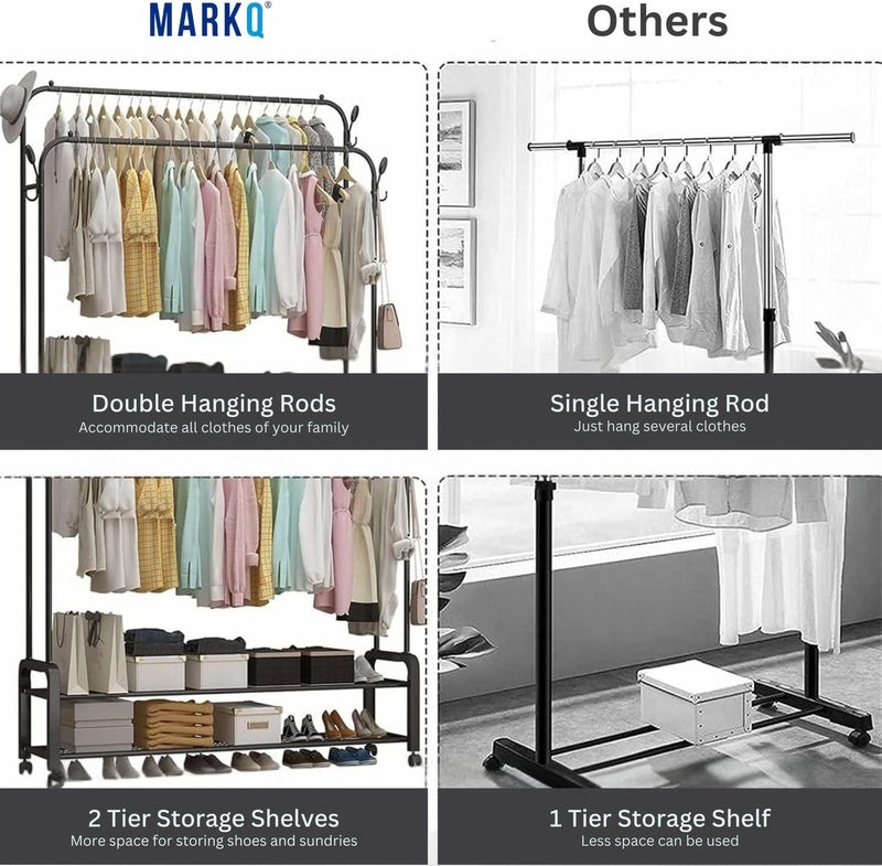 MARKQ Heavy-Duty Garment Rack with Wheels – Double Rod Clothes Hanging Stand, Free-Standing Closet Organizer with Storage Shelf, Portable Clothing Rack for Bedroom & Laundry, White - Image 5