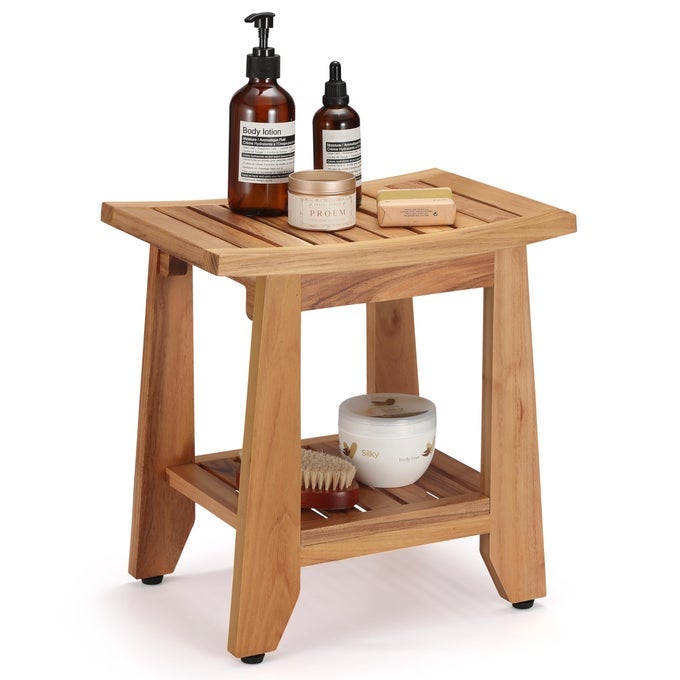 TEAK SHOWER BENCH STOOL 14 COMPACT WATERPROOF WOOD SPA BATH BENCH WITH STORAGE SHELF NONSLIP SOLID TEAK SHOWER SEAT CHAIR FOR SMALL BATHROOMS INSIDE SHOWER AND OUTDOOR USE