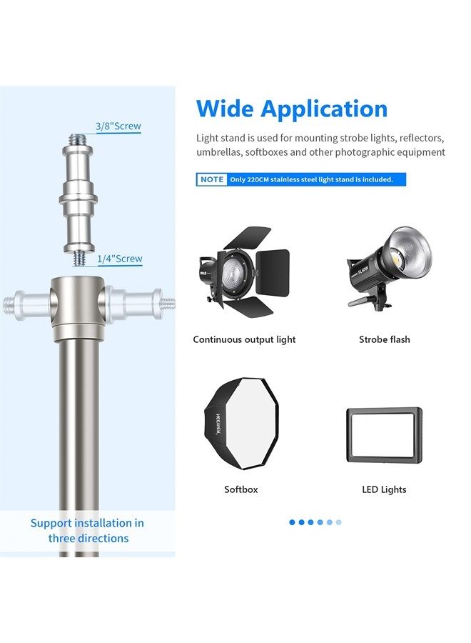 NEEWER 79"/2m Stainless Steel Light Stand, Spring Cushioned Heavy Duty Photography Tripod Stand with 1/4” to 3/8” Universal Screw Adapter for Strobe, LED Video Light, Ring Light, Monolight, Softbox - Image 2