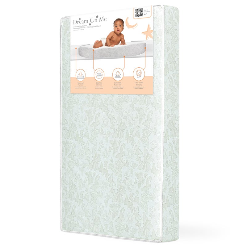 Dream On Me Butterfly 3 TwoSided Fiber PortableMini Crib Mattress Greenguard Gold Certified Waterproof DualSided Mattress Vinyl Cover