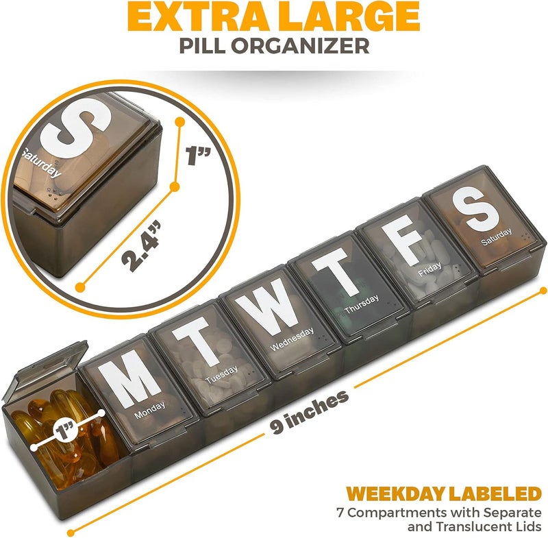 MEDca Weekly Pill Organizer - (Pack of 2) Extra Large Vitamin Container with Jumbo Easy to Read Letters, BPA Free - Daily Travel 7 Day Medication Pill Box Case, (Black) - Image 4