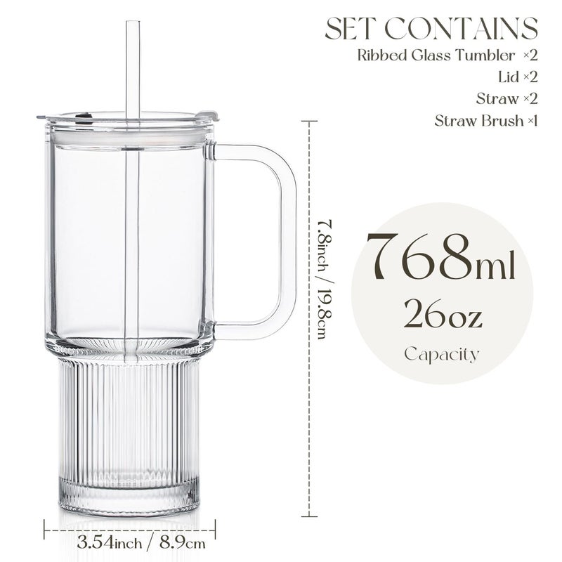 KEMORELA 2-Pack 26oz Ribbed Glass Tumblers with Handle and Lid â€“ Large Aesthetic Iced Coffee Cups with Straws, Modern Textured Glass Mugs for Smoothies, Tea, Juice & Cold Beverages, Dishwasher Safe - Image 3