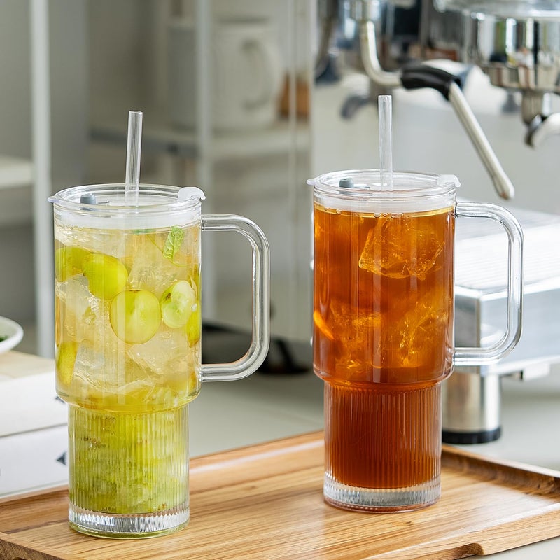 KEMORELA 2-Pack 26oz Ribbed Glass Tumblers with Handle and Lid â€“ Large Aesthetic Iced Coffee Cups with Straws, Modern Textured Glass Mugs for Smoothies, Tea, Juice & Cold Beverages, Dishwasher Safe - Image 2