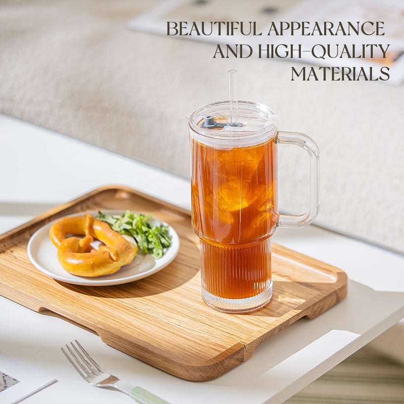 KEMORELA 2-Pack 26oz Ribbed Glass Tumblers with Handle and Lid â€“ Large Aesthetic Iced Coffee Cups with Straws, Modern Textured Glass Mugs for Smoothies, Tea, Juice & Cold Beverages, Dishwasher Safe - Image 4