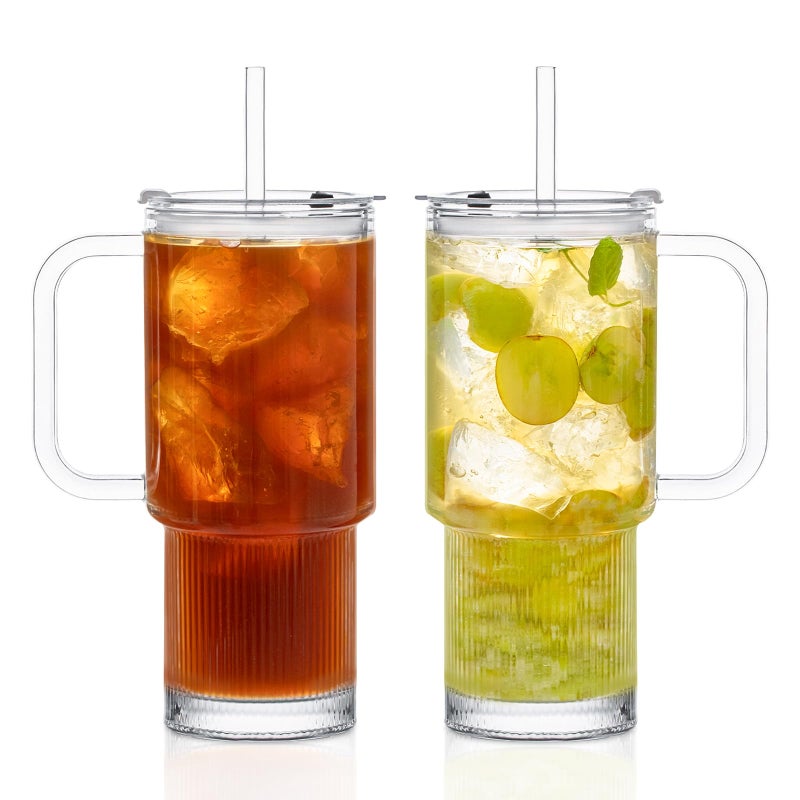KEMORELA 2-Pack 26oz Ribbed Glass Tumblers with Handle and Lid â€“ Large Aesthetic Iced Coffee Cups with Straws, Modern Textured Glass Mugs for Smoothies, Tea, Juice & Cold Beverages, Dishwasher Safe - Image 1