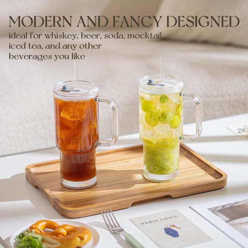 KEMORELA 2-Pack 26oz Ribbed Glass Tumblers with Handle and Lid â€“ Large Aesthetic Iced Coffee Cups with Straws, Modern Textured Glass Mugs for Smoothies, Tea, Juice & Cold Beverages, Dishwasher Safe - Image 5