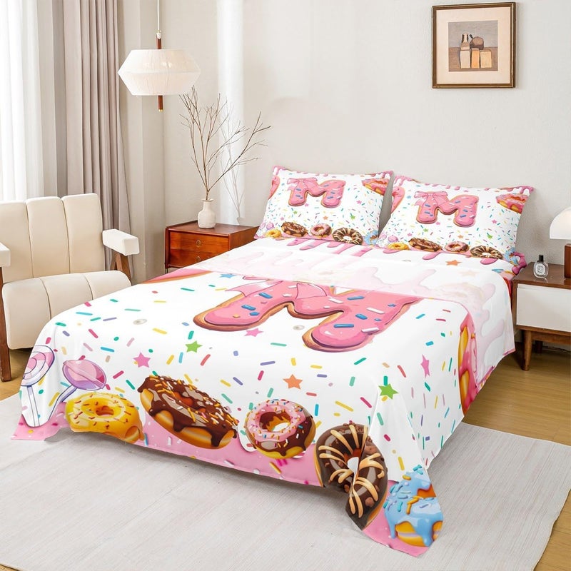 Erosebridal Kawaii Bow Kids Sheets Full Size,Girly Coquette Donut Sheet Set,Personalized Letter M Ultra Soft Bedding Sets,Pink Bowknot Princess Top Fitted Sheet Initial M Monogrammed Bedroom Decor - Image 2