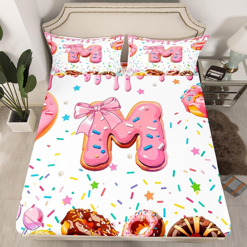 Erosebridal Kawaii Bow Kids Sheets Full Size,Girly Coquette Donut Sheet Set,Personalized Letter M Ultra Soft Bedding Sets,Pink Bowknot Princess Top Fitted Sheet Initial M Monogrammed Bedroom Decor - Image 3