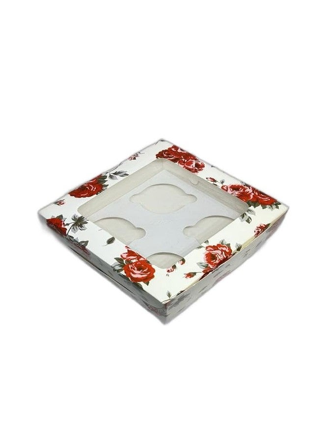 Baekence Cupcake boxes for 4 Cream Red flower Print Color, Pack of 20 pcs - Image 1
