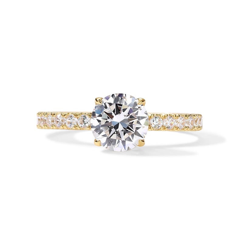 PAVOI 14K Yellow Gold Plated Round Cut Cubic Zirconia Eternity Engagement Rings for Women - Fake Wedding Ring for Women - Statement Solitare Stone Promise Band, Size 6 - Image 1