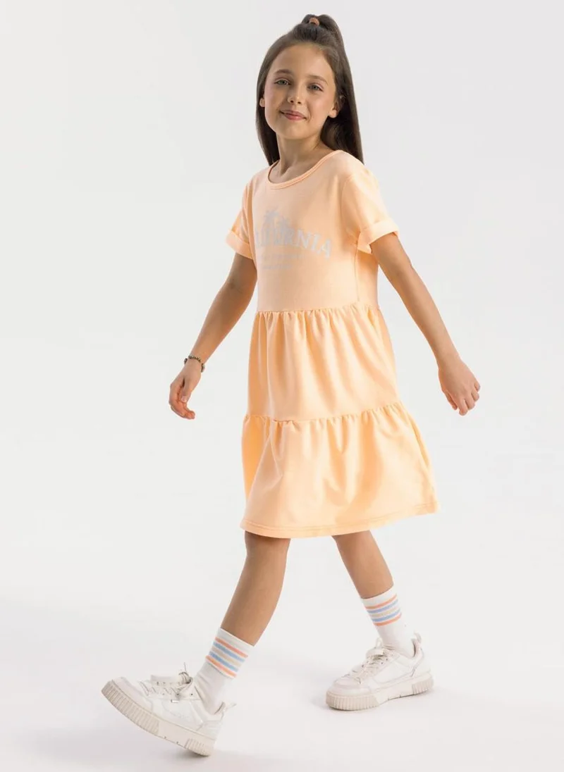MINOTI Kids Girls Short Sleeve Fleece Tiered Dress
