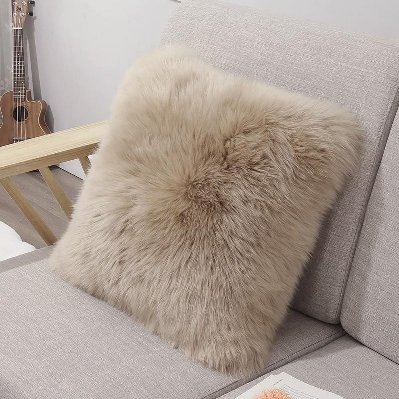 LLB Genuine Sheepskin Throw Pillow Covers Fluffy Decorative Square Couch Pillow Covers 18x18 Pillowcase for Sofa Bedroom Living Room, No Pillow Insert (Long Wool Cream Brown, 18x18 Inch (Pack of 1)) - Image 1
