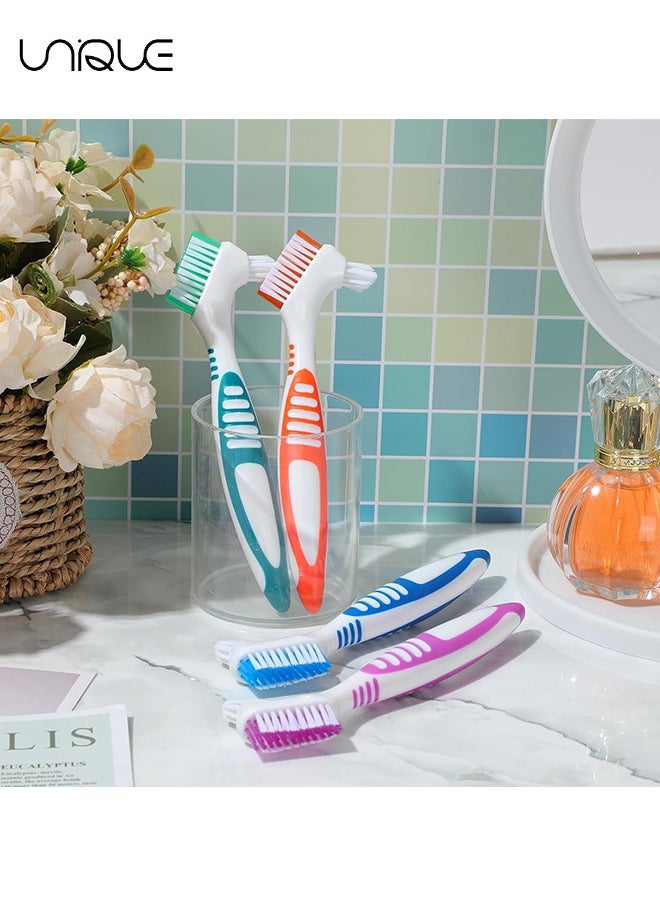 Unique - Denture Brush, 4PCS Denture Toothbrush, Double-sided Design Denture Toothbrush with Multi-layer Bristles and Rubber Non-Slip Handle for Denture Cleaning Care, Green, Purple, Blue, Orange - Image 1