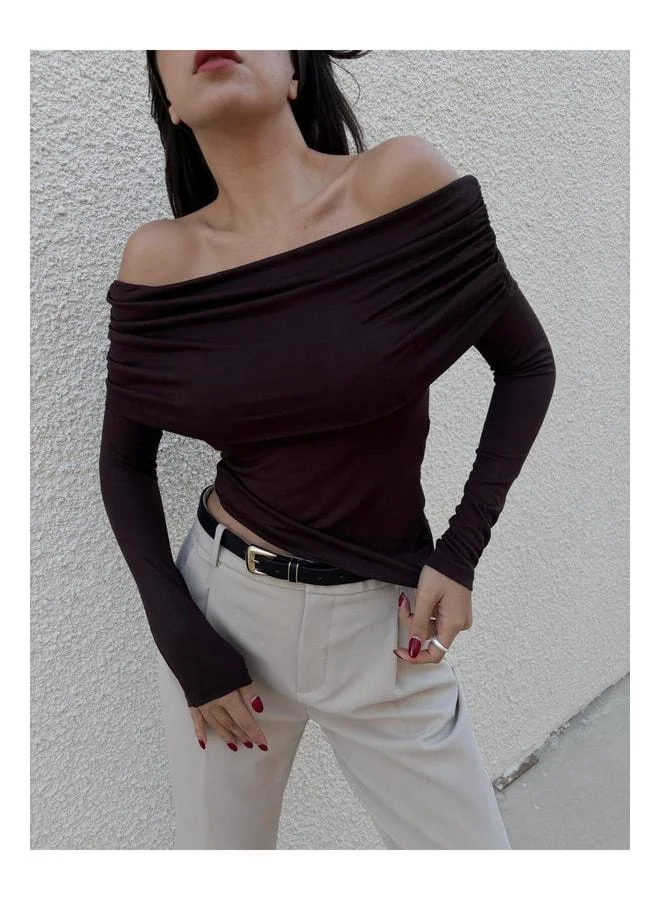 mina aise Women's Dark Coffee Madonna Collar elastane Viscose Long Sleeve Blouse 28218.