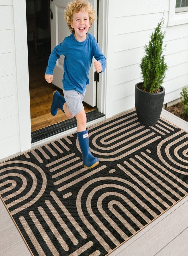 Wonnitar 3x5 Easy Jute Rugs for Entryway, Washable Abstract Black Outdoor Rug, Modern Rainbow Front Porch Decor Carpet Non Slip Front Door Mat for Farmhouse Patio Office Living Room - Image 3