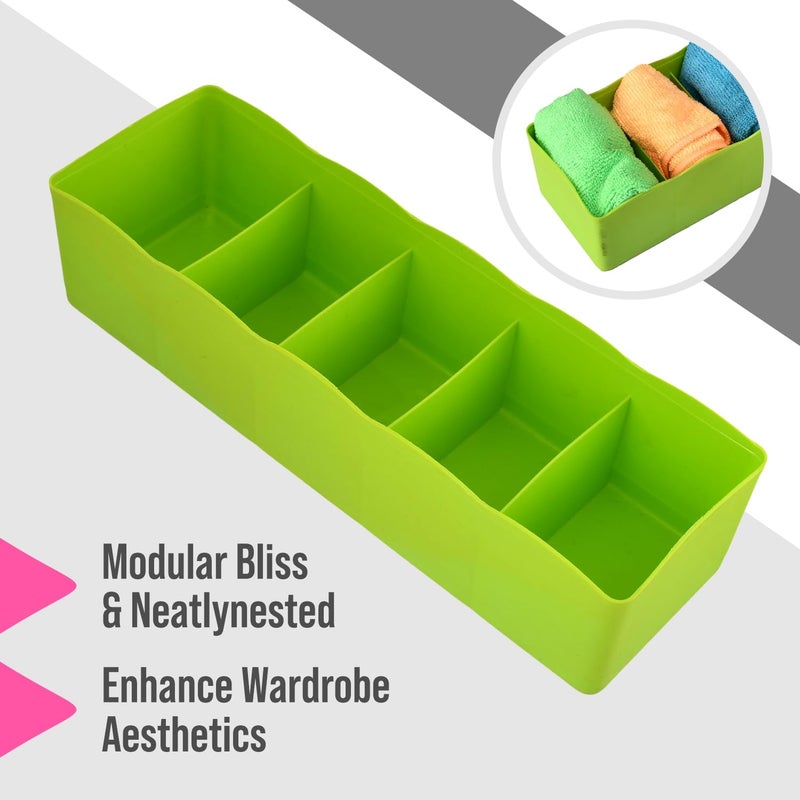 Kuber Industries Kuber Industries Drawer Organizer | Plastic Undergarment Organizer for Socks-Ties | Stackable Drawer Divider Box | Closet Storage Box | 5 Grid Stationery Organizer | Pack of 2 | Green  - Image 5