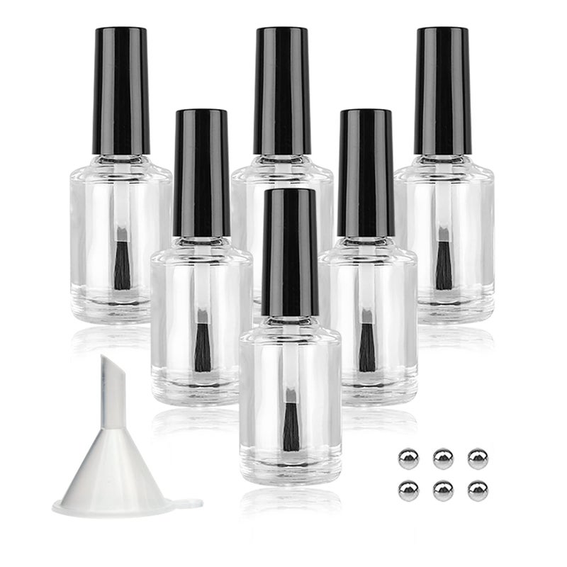 Agidea Empty Nail Polish Bottles with Brush Cap 15ml Empty Glass Refillable Nail Polish Bottles with Mixing Agitator Balls Funnels Pack of 6