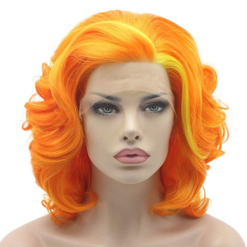 Lushy Lushy Short 10inch Two Tone Orange Gloden Mix Wig Heavy Density Realistic Synthetic Lace Front Wig 