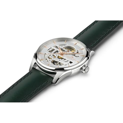 Hamilton Watch Jazzmaster Skeleton Auto | Swiss Made | 40mm Stainless Steel Case | White Dial Analog Watch | Green Leather Strap (Model: H42535810) - Image 3