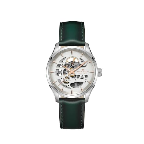 Hamilton Watch Jazzmaster Skeleton Auto | Swiss Made | 40mm Stainless Steel Case | White Dial Analog Watch | Green Leather Strap (Model: H42535810) - Image 5