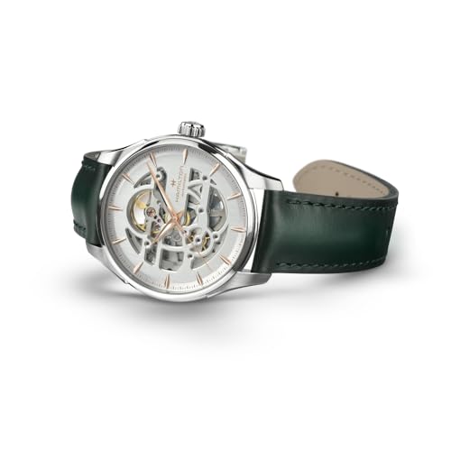 Hamilton Watch Jazzmaster Skeleton Auto | Swiss Made | 40mm Stainless Steel Case | White Dial Analog Watch | Green Leather Strap (Model: H42535810) - Image 2