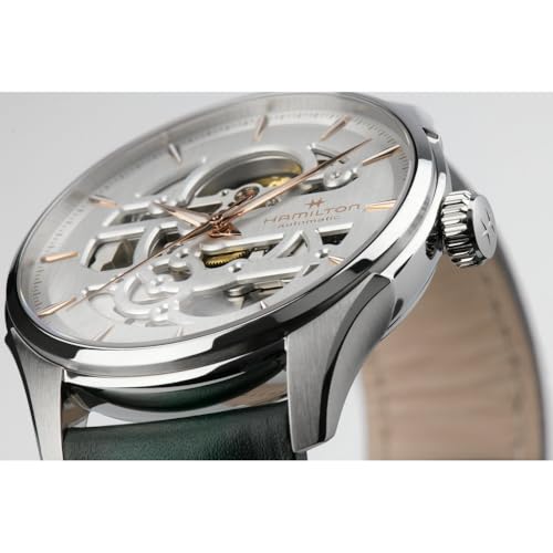 Hamilton Watch Jazzmaster Skeleton Auto | Swiss Made | 40mm Stainless Steel Case | White Dial Analog Watch | Green Leather Strap (Model: H42535810) - Image 4