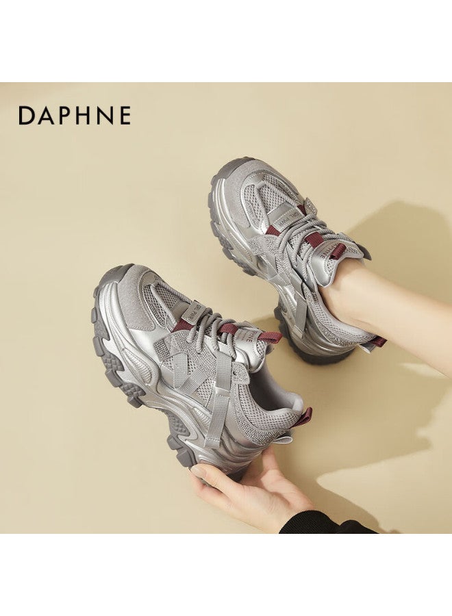 Daphne Dad Shoes For Women, Thick-soled Trendy Versatile Casual Shoes, Height-increasing Comfortable Sneakers, Travel Shoes For Women, Silver-red Color, Size 39 - Image 1