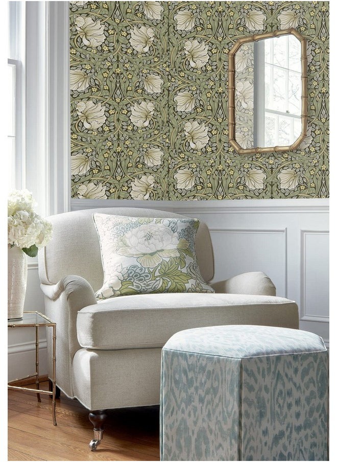 HAOKHOME HAOKHOME Vintage Floral Wallpaper Peel and Stick Botanical Sage Green/Yellow Wall Murals Home Kitchen Bedroom Decor by William Morris 17.7in x 32.8ft  - Image 3