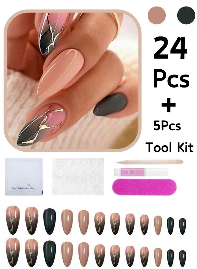 HANYII 24Pcs False Nails+5 Pcs Tool Kit Impress Press-On False Nails Marble Texture