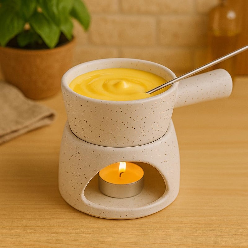 Kunhar KunhaR Ceramic Fondue Set (1 Piece of Fondue Set, 2 Tea Light Candle), White Matt  - Image 1