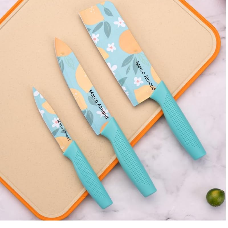 Marco Almond Kitchen Knives Stainless Steel Set 3 Pieces Professional Kitchen Knife Set/Meat Knife/Chef Knife with Non-Slip Handle Sharp Manual Sharpening for Home Kitchen Knife (Blue) - Image 1