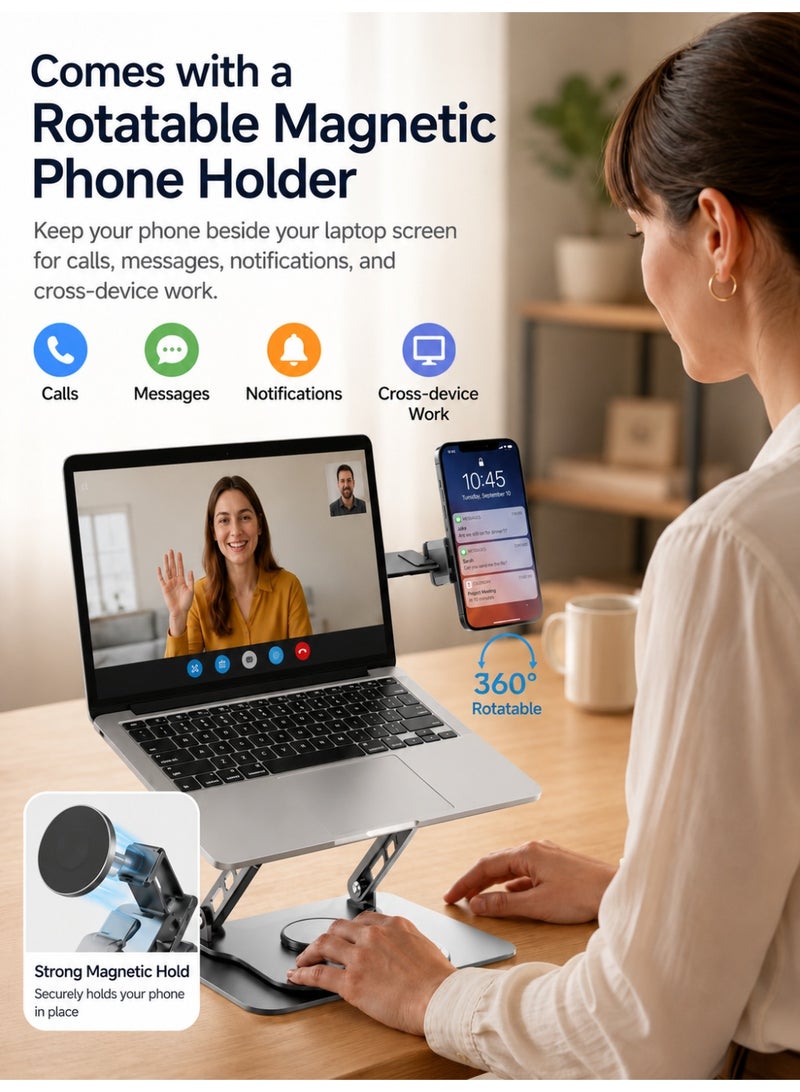 YXPRO Laptop Stand for Desk, Adjustable Laptop Holder with 360° Rotating Base & Magnetic Phone Holder, Foldable Ergonomic Computer Riser, Ventilated Laptop Stand for 10-17" Notebooks and MacBook - Image 2