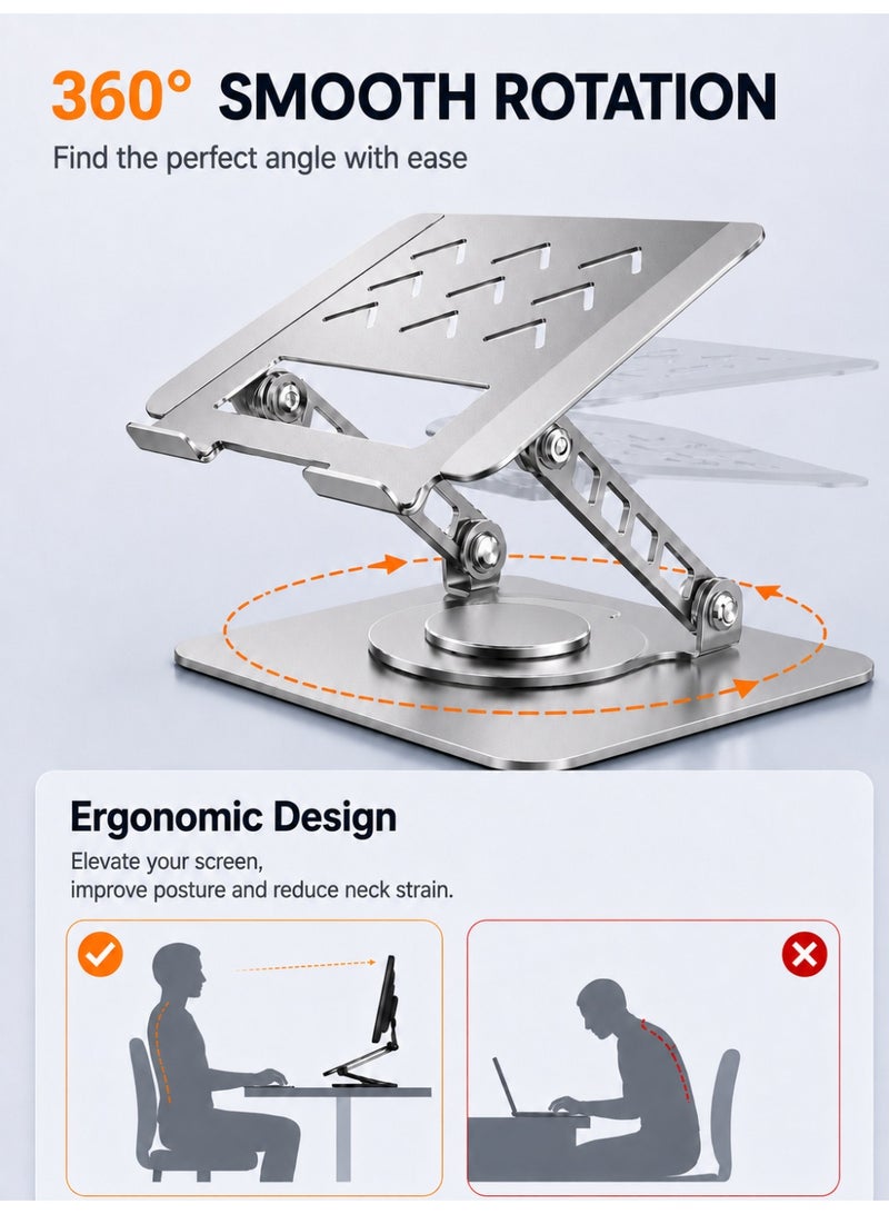 YXPRO Laptop Stand for Desk, Adjustable Laptop Holder with 360° Rotating Base & Magnetic Phone Holder, Foldable Ergonomic Computer Riser, Ventilated Laptop Stand for 10-17" Notebooks and MacBook - Image 3