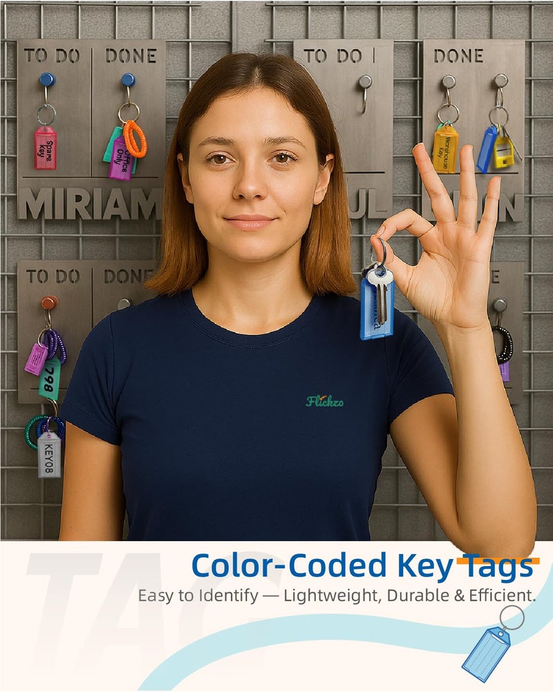 Flickzo 20 Pack Plastic Key Tags with Labels and Rings, 9 Colors (8 Bright + 1 Clear) Key Identifiers, Keychain Tags Label for Keys, Luggage, Backpacks, Pets, Office, Warehouse & Home - Image 2