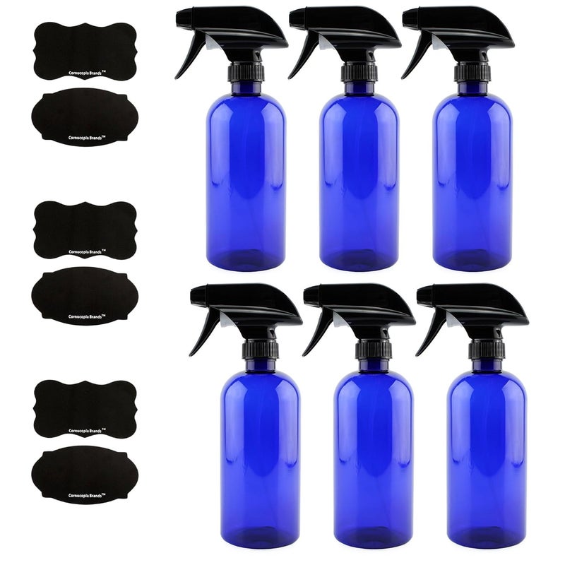 Cornucopia Brands 16oz Cobalt Blue PLASTIC Spray Bottles wHeavy Duty Mist Stream Sprayers and Chalkboard Labels 6pack PET 1 BPAfree Use for DIY Kitchen Hair