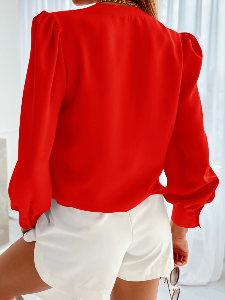 Flowyair Women's Business Casual Tops Summer Long Sleeve Button Down Shirts V Neck Chiffon Blouses A-red - Image 2