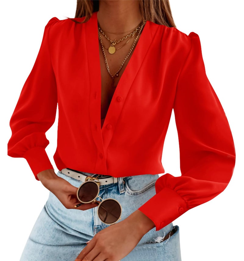 Flowyair Women's Business Casual Tops Summer Long Sleeve Button Down Shirts V Neck Chiffon Blouses A-red - Image 1