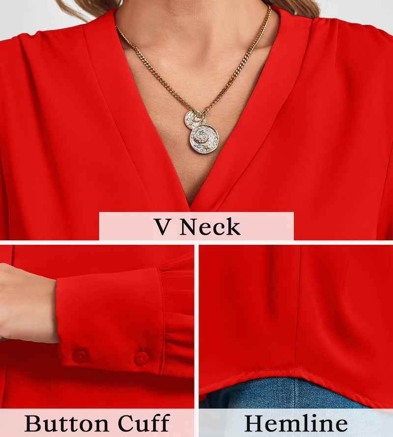 Flowyair Women's Business Casual Tops Summer Long Sleeve Button Down Shirts V Neck Chiffon Blouses A-red - Image 4