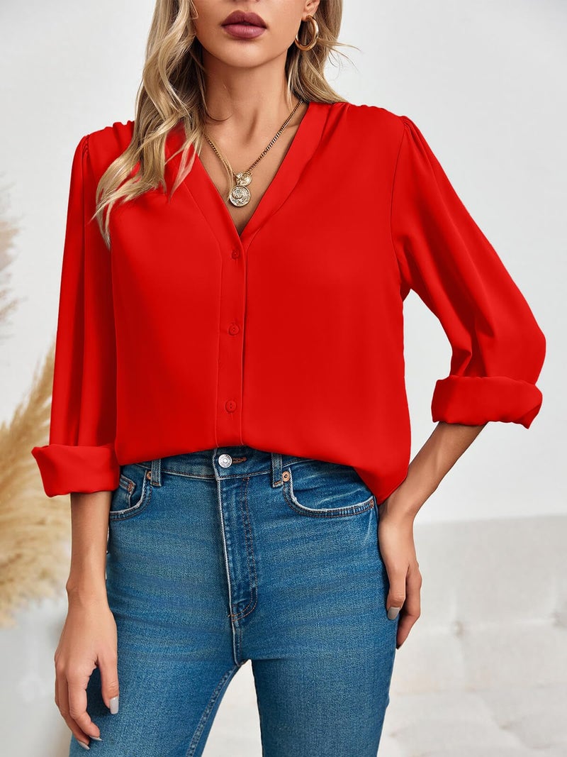 Flowyair Women's Business Casual Tops Summer Long Sleeve Button Down Shirts V Neck Chiffon Blouses A-red - Image 3