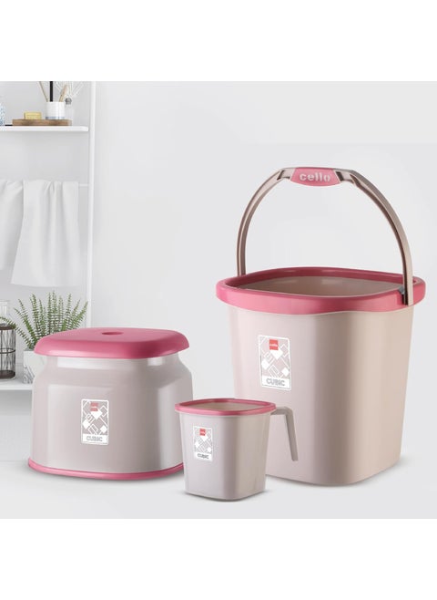 CELLO Plastic Cubic Bathroom Set | Sturdy and Durable | Cubic Set (Bucket 18 L + Stool + Mug 1.5 L) | Lightweight and Rigid | Easy to Clean and Attractive Design | Set of 3 | Pink