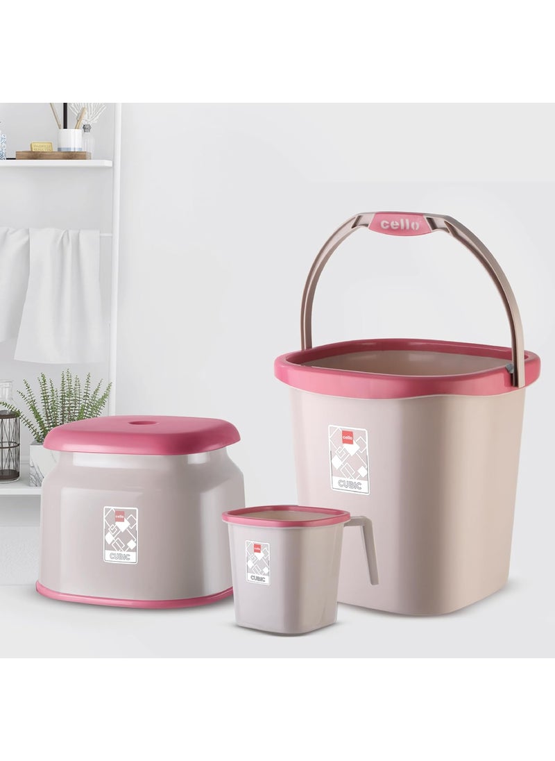 CELLO Plastic Cubic Bathroom Set | Sturdy and Durable | Cubic Set (Bucket 18 L + Stool + Mug 1.5 L) | Lightweight and Rigid | Easy to Clean and Attractive Design | Set of 3 | Pink
