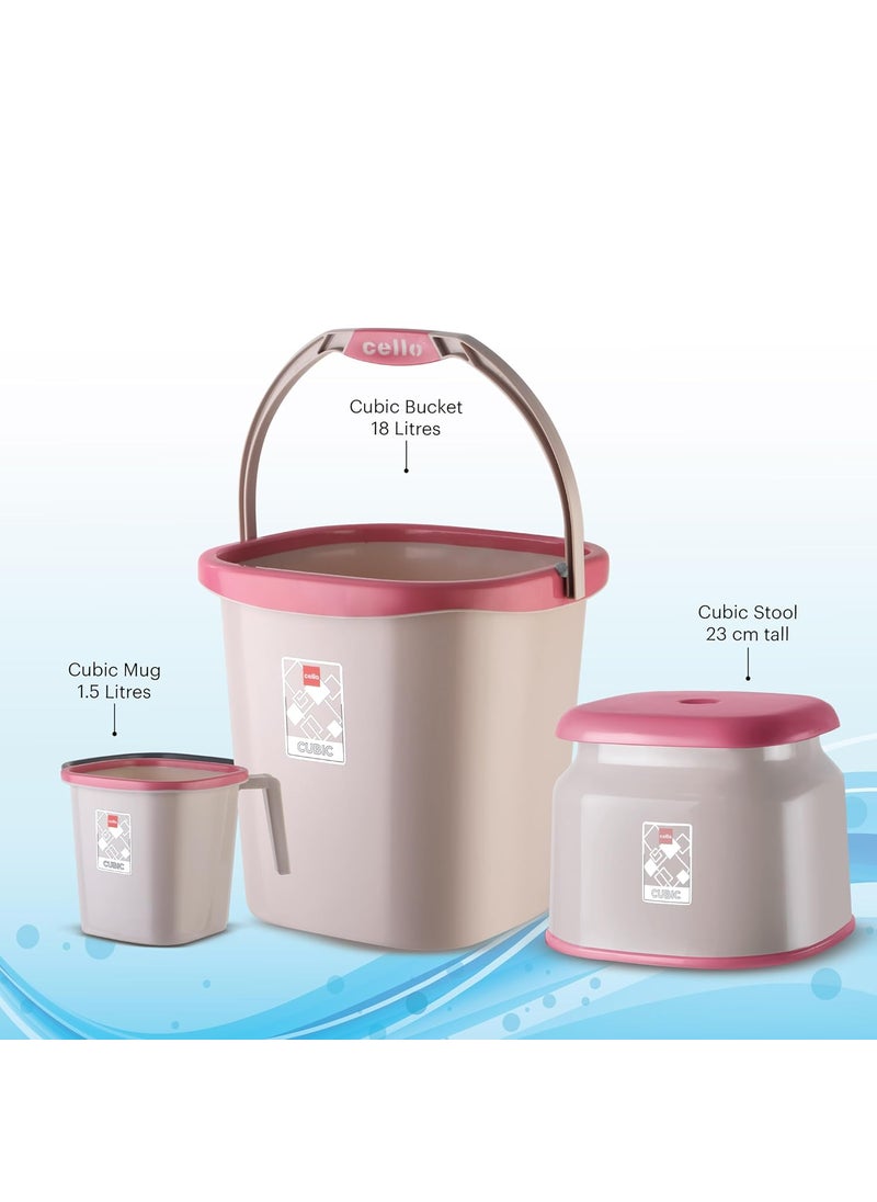 CELLO Plastic Cubic Bathroom Set | Sturdy and Durable | Cubic Set (Bucket 18 L + Stool + Mug 1.5 L) | Lightweight and Rigid | Easy to Clean and Attractive Design | Set of 3 | Pink