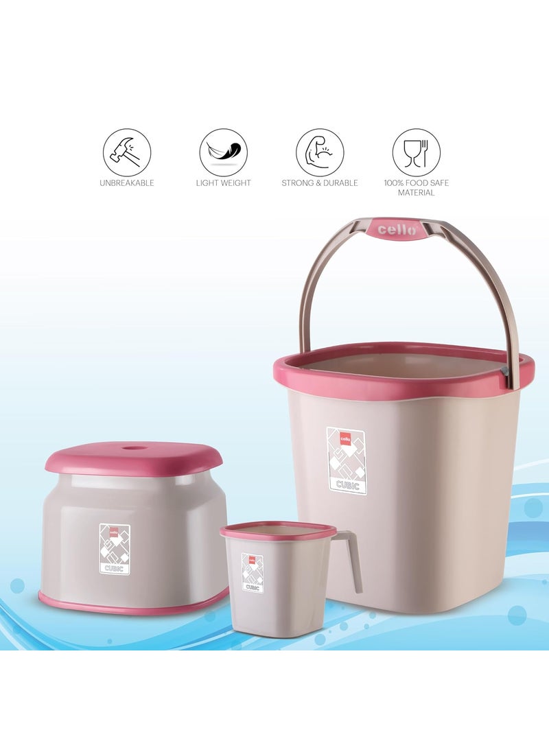 CELLO Plastic Cubic Bathroom Set | Sturdy and Durable | Cubic Set (Bucket 18 L + Stool + Mug 1.5 L) | Lightweight and Rigid | Easy to Clean and Attractive Design | Set of 3 | Pink