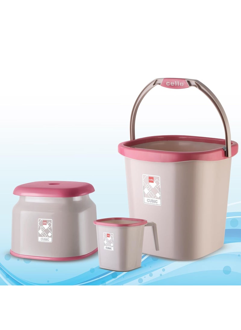 CELLO Plastic Cubic Bathroom Set | Sturdy and Durable | Cubic Set (Bucket 18 L + Stool + Mug 1.5 L) | Lightweight and Rigid | Easy to Clean and Attractive Design | Set of 3 | Pink