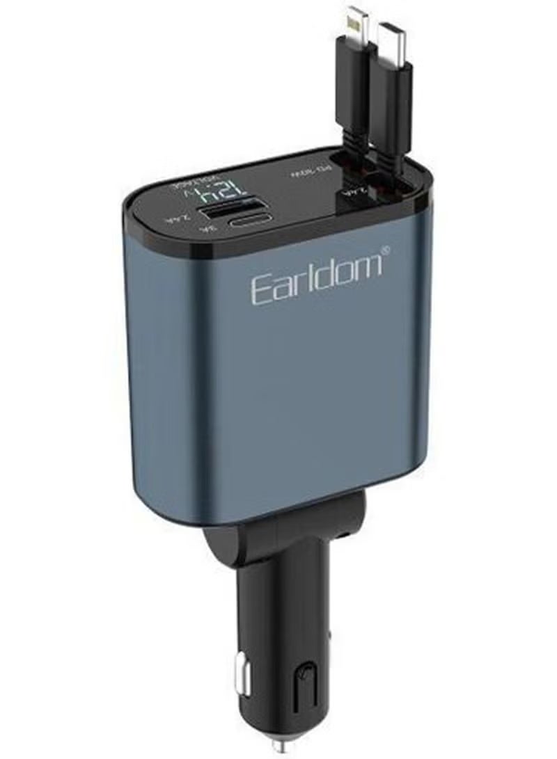 أيرلدوم شاحن سيارة ES-CC38 بقوة 66 واط قابل للسحب، مزود بمنافذ شحن سريع USB وUSB-C وشاشة عرض رقمية. شاحن متعدد المنافذ للهواتف المحمولة، مزود بكابل قابل للسحب بطول 80 سم، متوافق مع أجهزة iPhone وAndroid والأجهزة اللوحية وأجهزة GPS، ومناسب للشحن أثناء السفر - رمادي داكن - Image 1