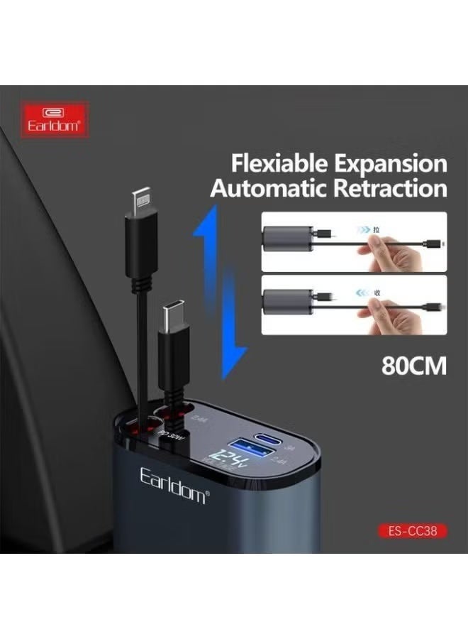 أيرلدوم شاحن سيارة ES-CC38 بقوة 66 واط قابل للسحب، مزود بمنافذ شحن سريع USB وUSB-C وشاشة عرض رقمية. شاحن متعدد المنافذ للهواتف المحمولة، مزود بكابل قابل للسحب بطول 80 سم، متوافق مع أجهزة iPhone وAndroid والأجهزة اللوحية وأجهزة GPS، ومناسب للشحن أثناء السفر - رمادي داكن - Image 2