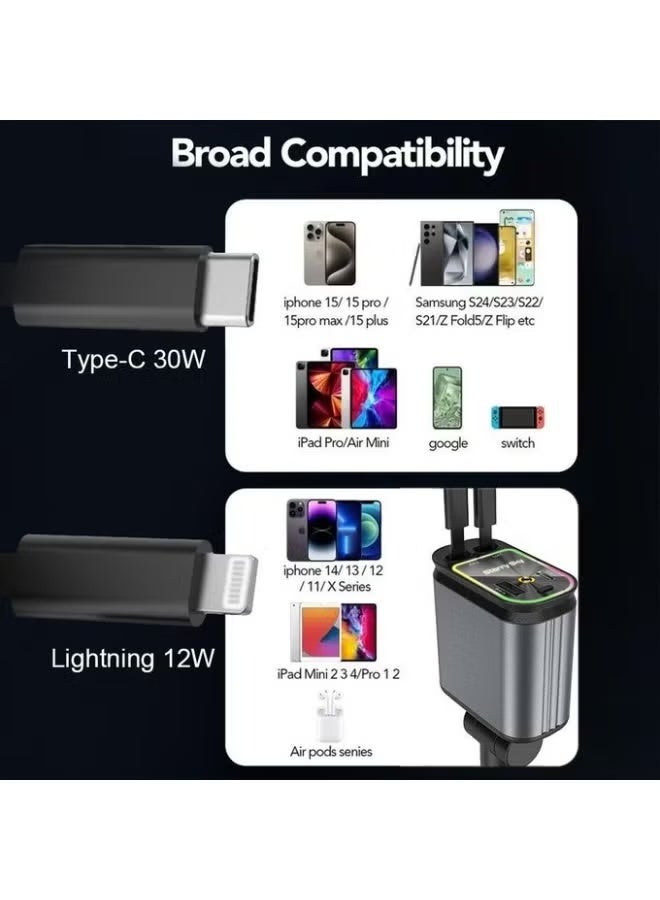 أيرلدوم شاحن سيارة ES-CC38 بقوة 66 واط قابل للسحب، مزود بمنافذ شحن سريع USB وUSB-C وشاشة عرض رقمية. شاحن متعدد المنافذ للهواتف المحمولة، مزود بكابل قابل للسحب بطول 80 سم، متوافق مع أجهزة iPhone وAndroid والأجهزة اللوحية وأجهزة GPS، ومناسب للشحن أثناء السفر - رمادي داكن - Image 3